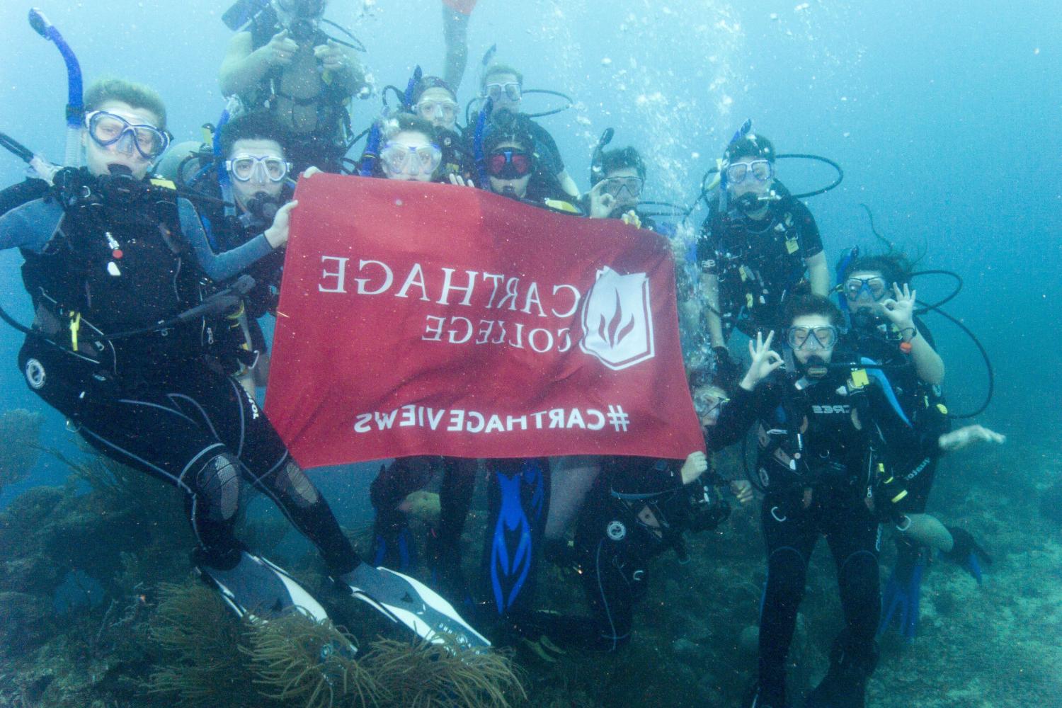 学生们手持<a href='http://xmhp.ngskmc-eis.net'>bv伟德ios下载</a>旗帜，在j学期洪都拉斯游学之旅中潜水.